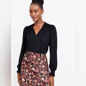 NWT Loft Smocked Cuff Tie Neck Mixed Media Blouse Size L